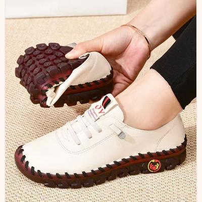 Fashion Women Soft Sole Shoes Ladies Lan HanXie Pu Leather Lace Up Flats Casual Ladies Non-Slip Outdoor Walking Footwear Mother Sneakers