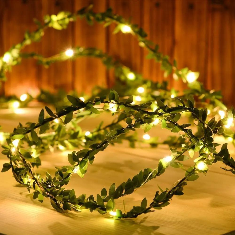 2M 3M 5M 10M LED String Light Green Leaf Garland Vine Fairy Lights Flexible Copper Battery Powered Party Wedding Decoration
