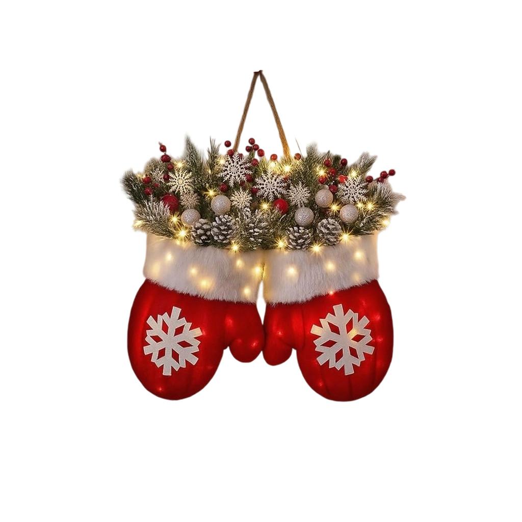 Twinkling Christmas Mitten Wreath, Christmas Lighted Werath Front Door Artificial Garland, Christmass Balls Hanging For Par