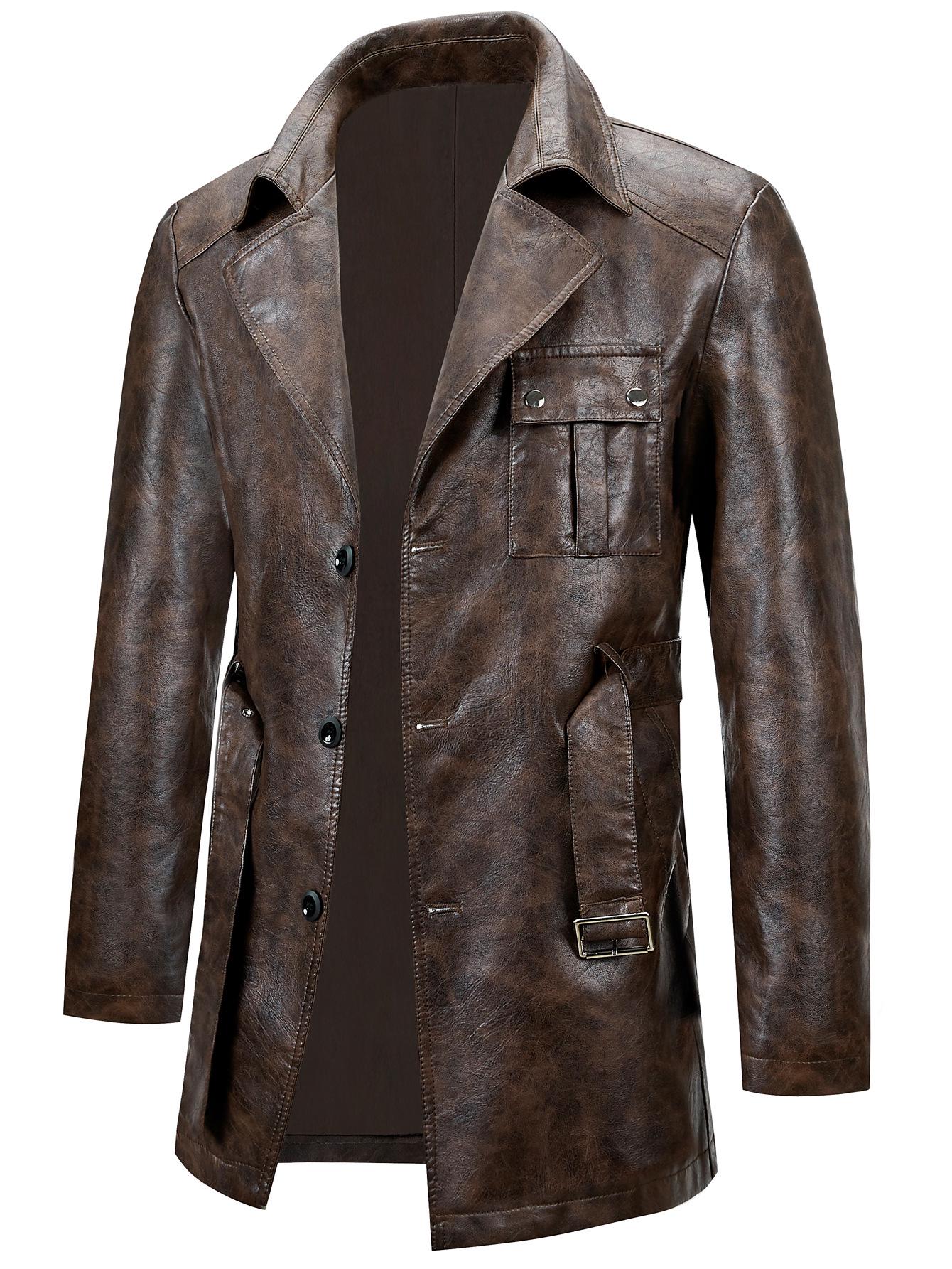 

Men s Mid-Length PU Leather Trench Coat - Single-Breasted Lapel Jacket, Euro-American Style Outerwear S кавовий