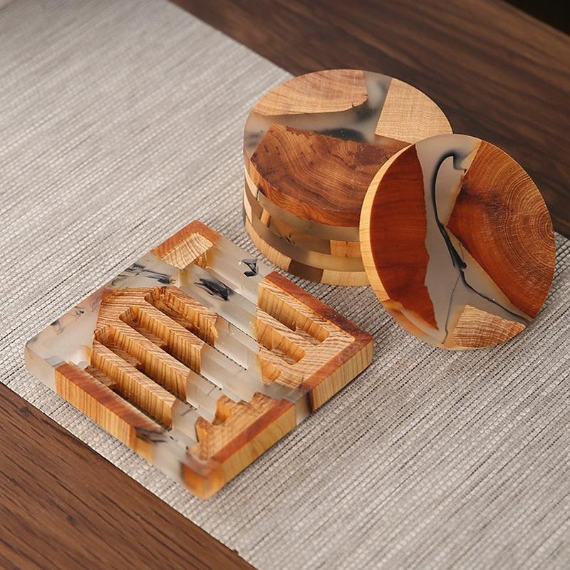 6Pcs Heat Insulation Wooden Resin Cup Pads with Base Traditional Chinese Ink Painting Tea Coaster Set KongFu Tea Accessories