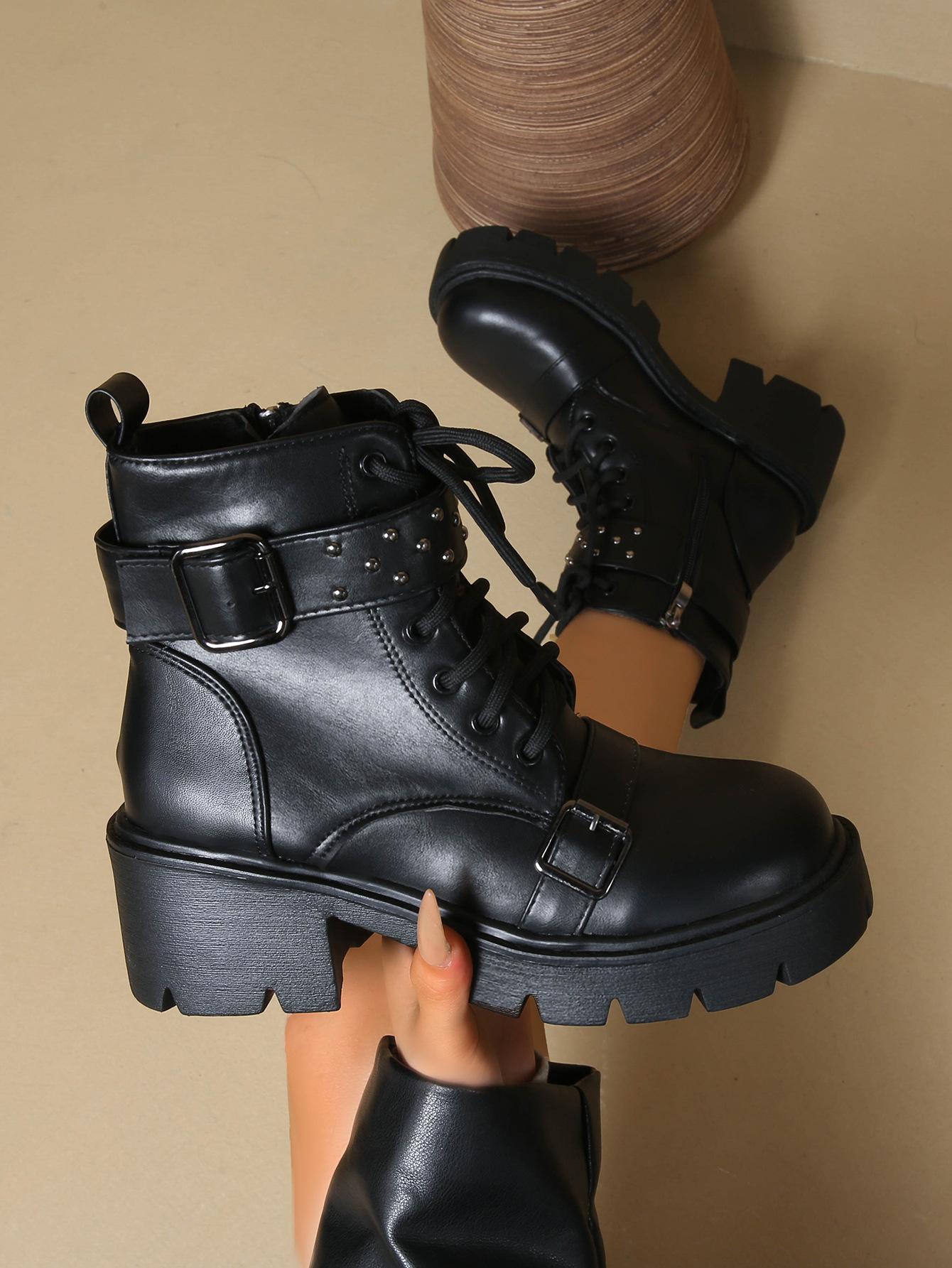 

New 42 large size ankle boots short boots thick heel Martin muffin European and American lace-up platform women s boots 42 чёрный