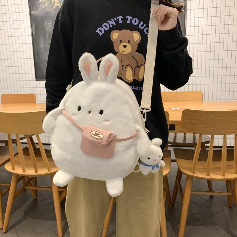 Schoolbag Cute Plush Rabbit Backpack Japanese Ins Large Capacity Cartoon Funny Oblique Span Bag Soft Girl Student Bag Wholesale