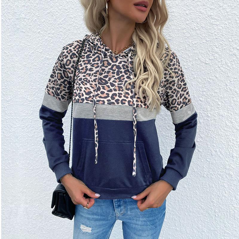 Leopard Print Patchwork Women Hoodie Loose Winter Fall Pocket Sweatshirt