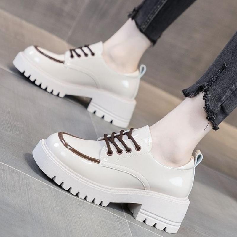 Women Height Increasing Lace Up Leather Shoes Spring British Style Casual Versatile Thick Sole High Heel Loafers New Arrival