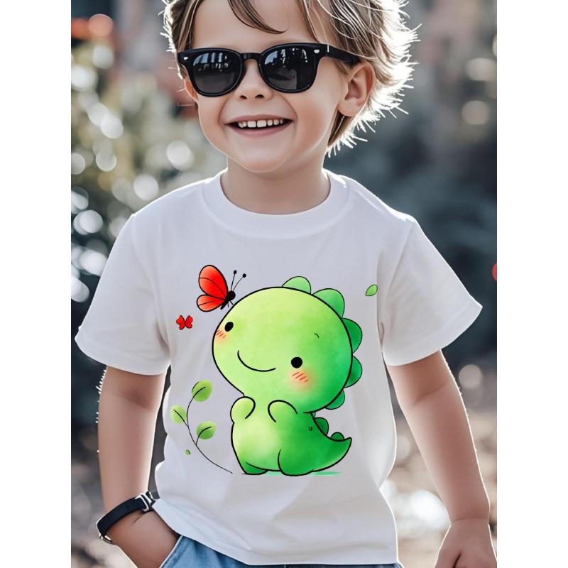 Boys Summer Crewneck T-Shirt, Cartoon Green Dinosaur & Butterfly Print 110