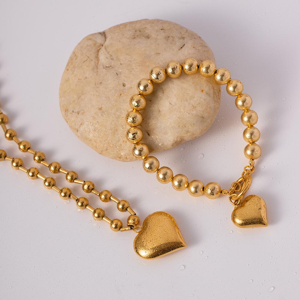 3D Heart Pendant Bead Necklace Gold Love Jewelry Elegant Women Accessories