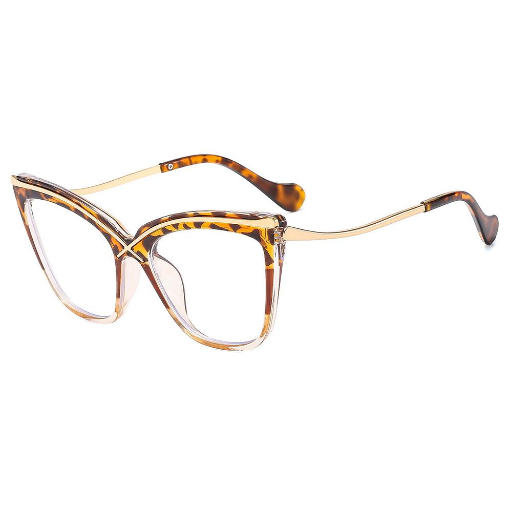 Light luxury cat eye metal sunglasses, high-end personality, square and round face, small face, large frame, trendy retro leopard print sunglasses