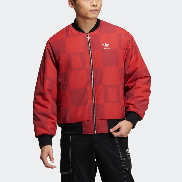 adidas Originals Clover Plaid Logo Print Reversible Zip-Up Cotton Jacket Men Jackets Black HY7276