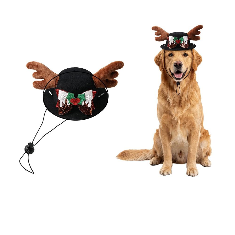 Adjustable Dog Reindeer Antler Cap Soft Plush Dog Xmas Bow Top Hat Xmas Gift