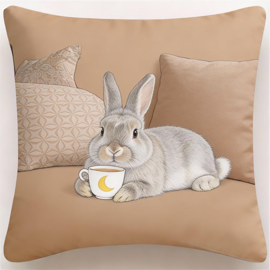 Adorable Bunny With Coffee Cup Print Pillowcase - Home Decor, Perfect For Living Room And Bedroom, Ideal Gift For Animal Lovers