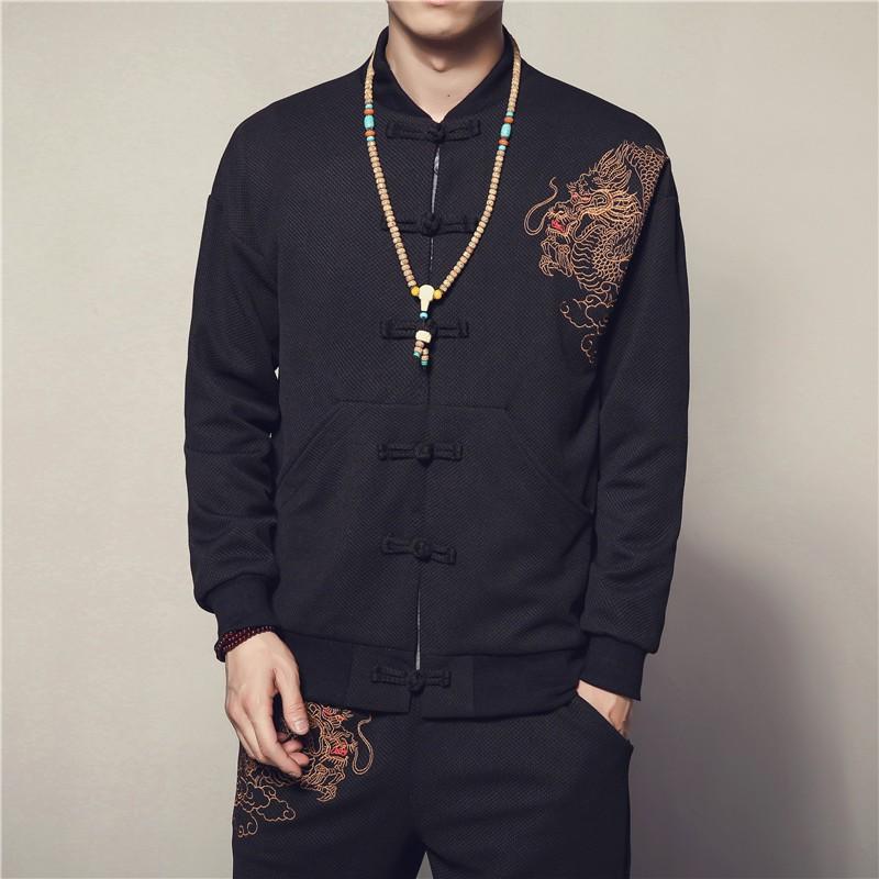 Mens Dragon Embroidery Stand Collar Jacket Plus Size Casual Outerwear Youth