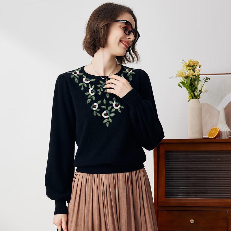 KEMENG BOKA Women's Pure Cashmere Lantern Sleeve Embroidered Knit Sweater