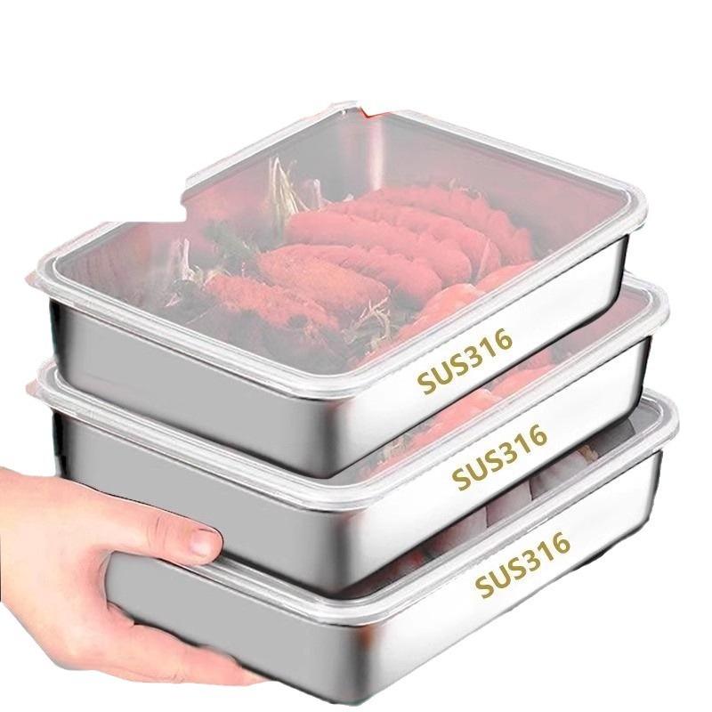 Quadratische Platte aus Edelstahl mit Deckel, rechteckige Pfanne zur Lebensmittelaufbewahrung, kommerzielles Geschirrtablett, großer erfrischender Lunchbox-Behälter