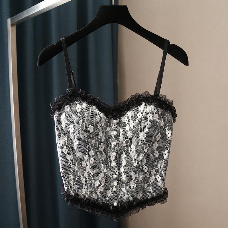 

Summer Solid Commuter White Lace Vintage Cotton Wave Neck Suspender Other Sources Bow Suspender One size fits all чорний