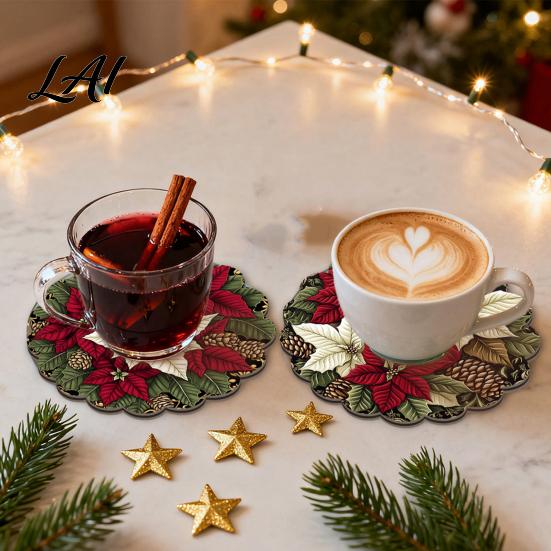 Holiday Table Decor 4/6Pcs Christmas Animal Wooden Coaster Festive Plaid Floral Round Drink Housewarming Gift Ideas Mats Decorations for Home Office