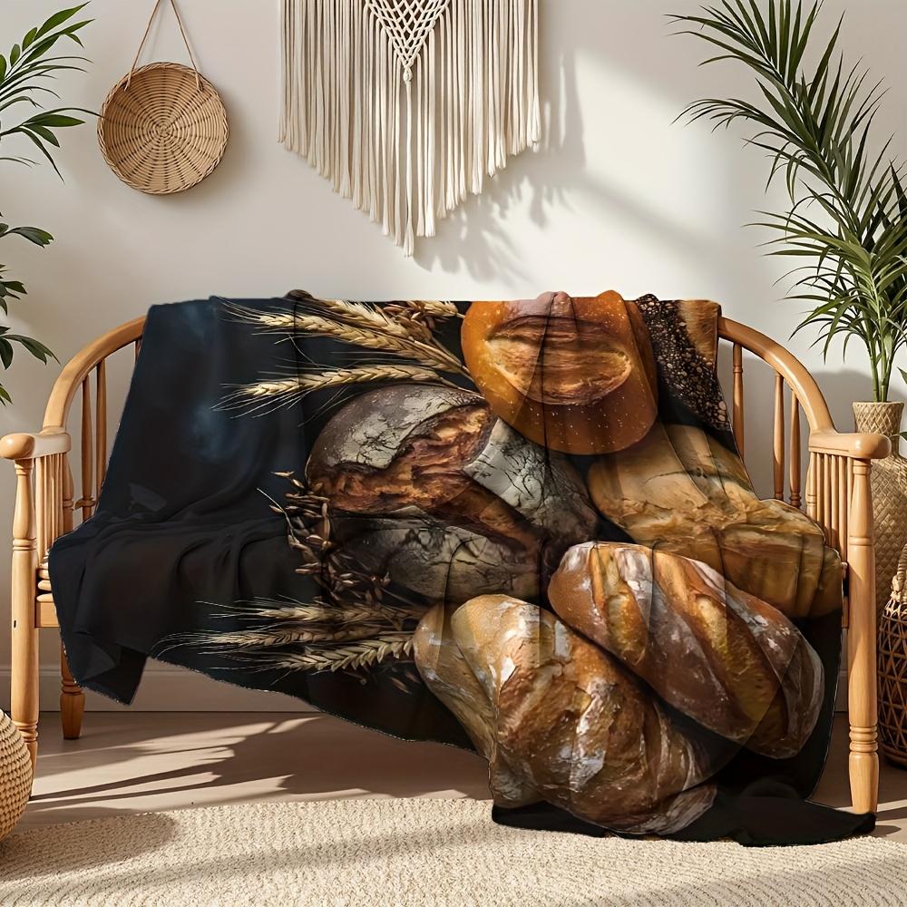 Bread and Wheat Pattern Flannel Printed Blanket Suitable for All Seasons Suitable for Living Room Office Sofa and Travel