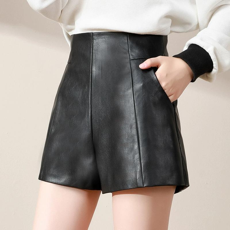 High Waist PU Leather Shorts - 2023 Autumn/Winter Slim Fit, Wide Leg Boot Cut, Loose Outerwear, Black