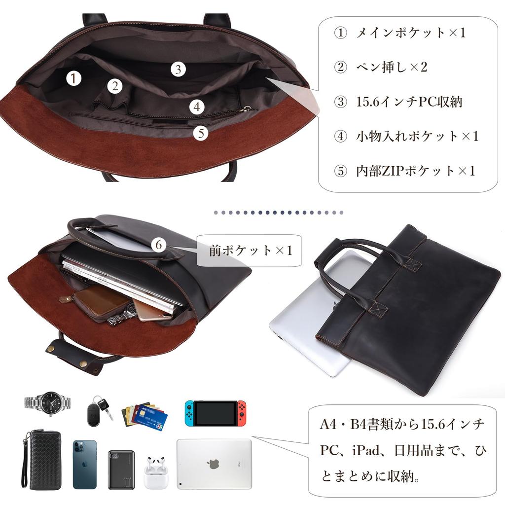 Masa Kawa Echtleder Schlanke Business-Tasche für Herren, Passend für 15,6-Zoll-Laptops, Hergestellt aus dickem Rindsleder, Vintage und Minimalistisches Design, Dunkel