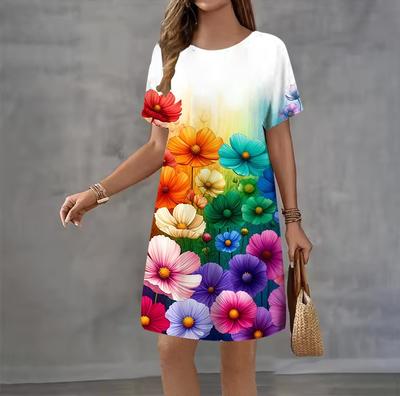 Moda 3D Baskılı Yazlık Elbise Bol Günlük Kısa Kollu O-Yaka Mini Elbise