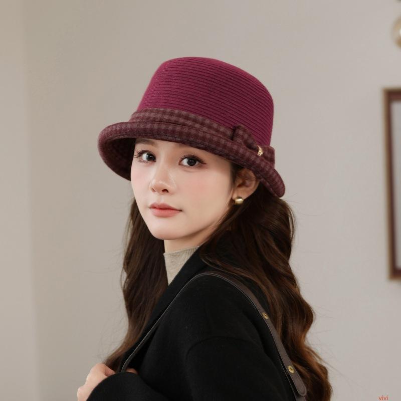 Women's knitted wool crimped basin hat, warm in autumn and winter, middle-aged and elderly small flower top hat, plaid mother bucket hat