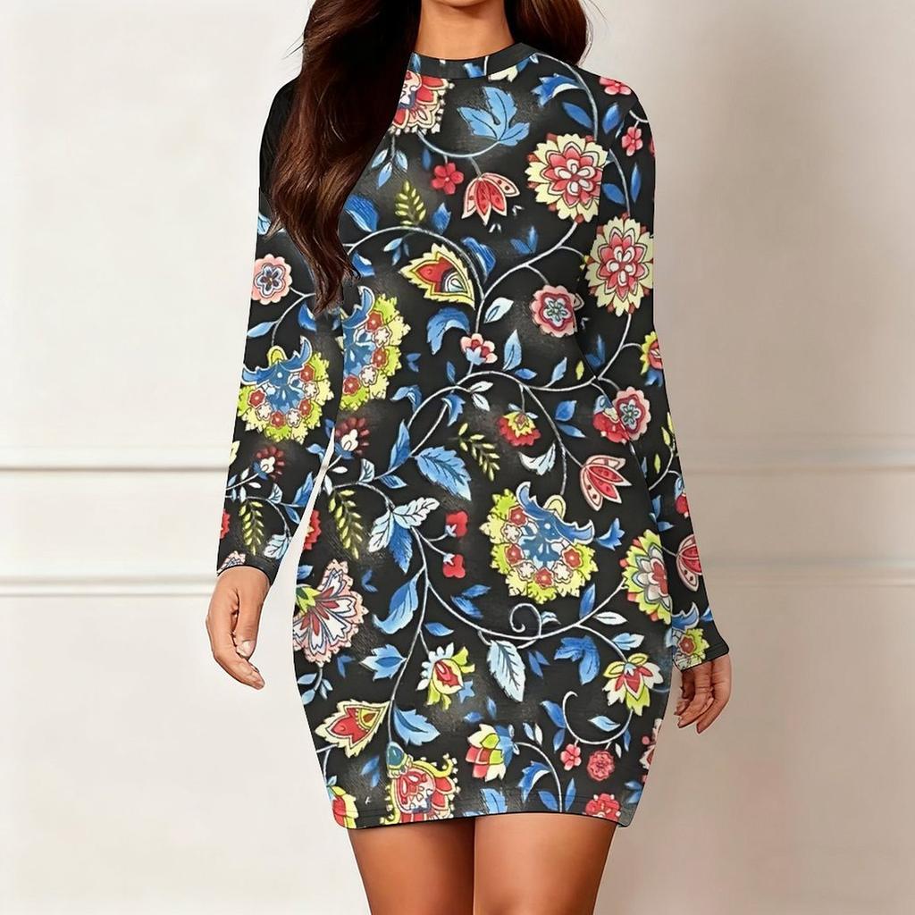 2025 Outono e Inverno Novo Estampa Floral 3D e Tingimento Moda Feminina Manga Longa Gola Redonda Vestido Envolvente de Quadril Dia dos Namorados Limitado