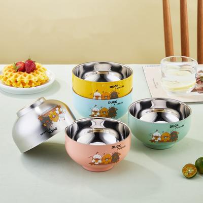 Double Wall Cute Children Soup Bowl Kitchen Stainless Steel Steamed Rice Fruit Bowls Metal Camping Tableware for Food Container