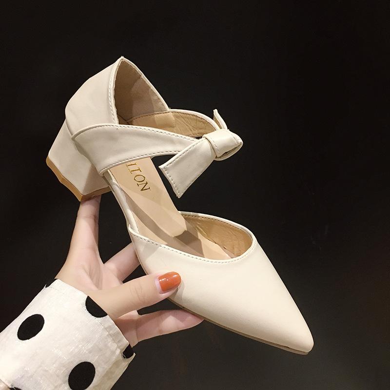2025 Autumn New Women's Shoes Korean Version Thick Heel Pointed Hollow Bow Fashion Single Shoes Fashion Versatile High Heels