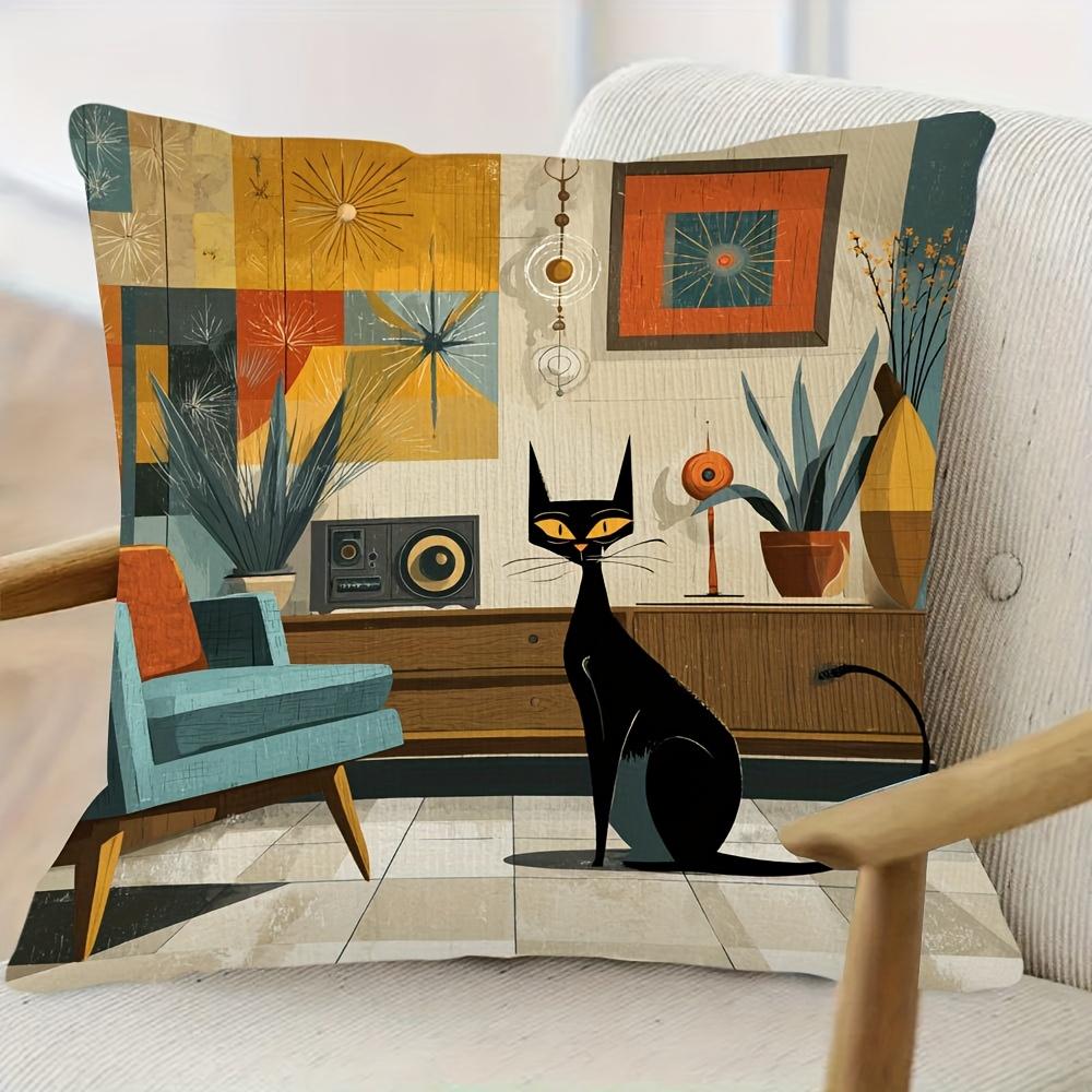 1Pc Of Short Plush Decorative Pillow Cover Featuring An Atomic Cat Design In Mid-Century Modern Style, With Single-Sided Printin