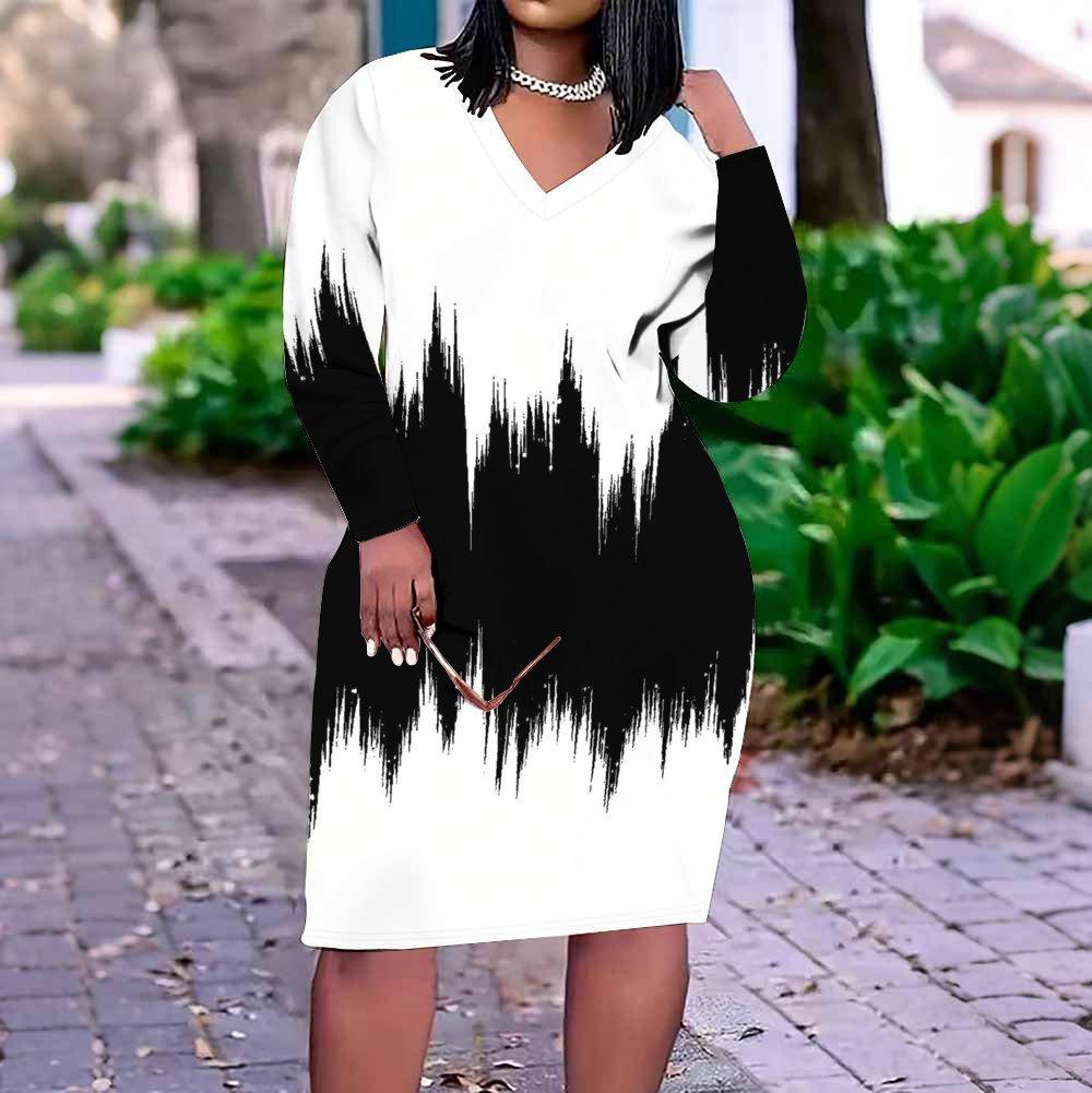 Women Plus Size V Neck Long Sleeve Black White Printed Fitted Straight Midi Dress