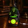 LED Witch Cauldron Light Halloween Statue with Glowing Cauldron, USB Powered Resin Black Lighted Lamp Pot Figurine Green/Purple for Party Home
