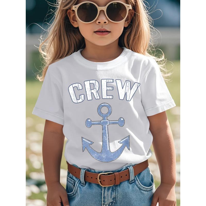 Children Crew Neck Short Sleeve T-Shirt with Sailboat & Anchor Print 110