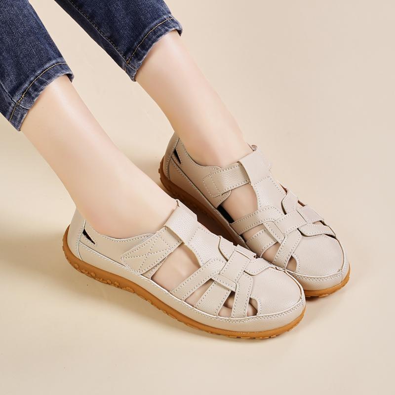 Fashion Women's Casual Sandals Summer Breathable Genuine Leather Flat Shoes Comfortable Round Toe Soft Soled Outdoor Shoes Zapatos