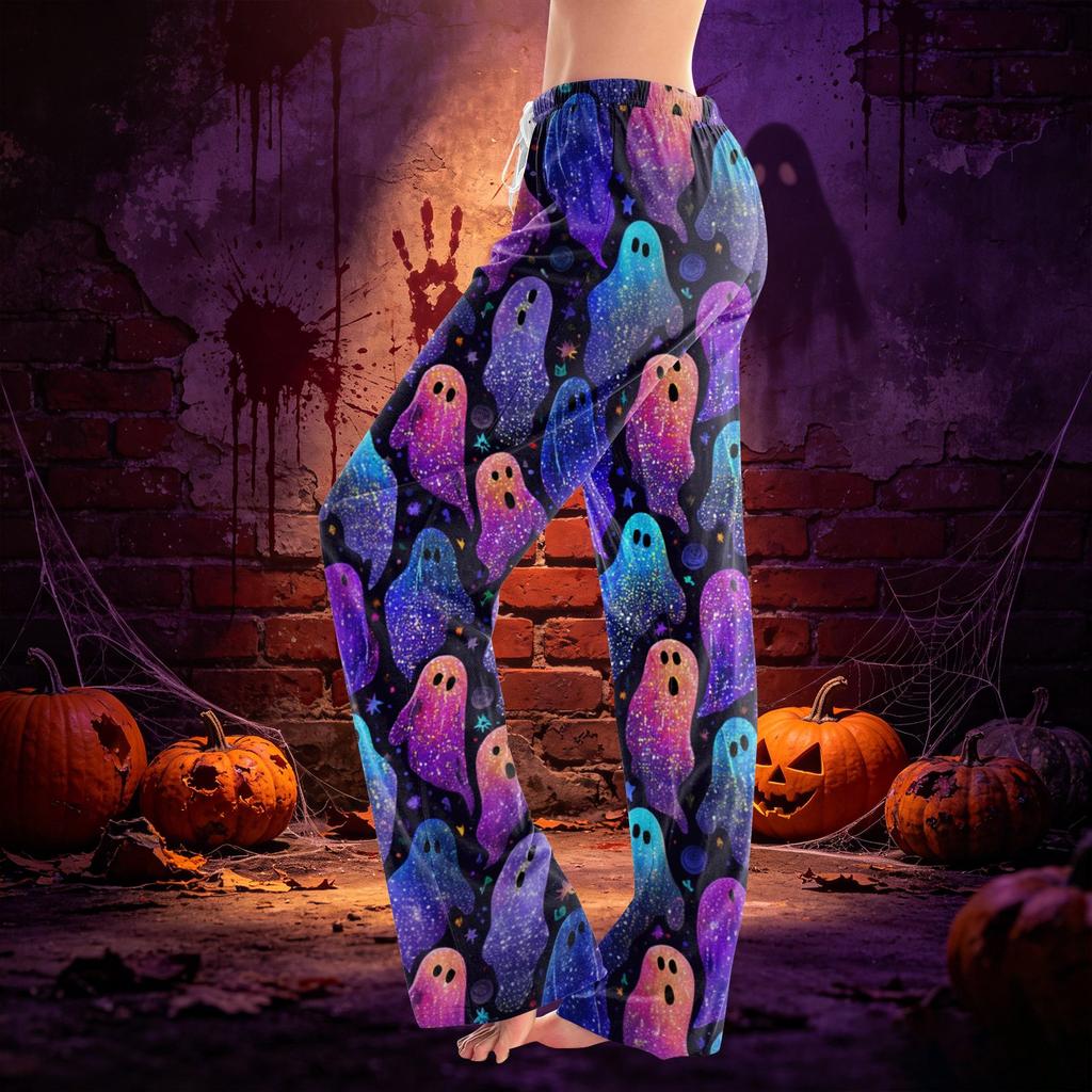 Women Drawstring Waist Halloween Print Long Pants Casual Loose Fit Trousers for Daily Home Lounge Wear