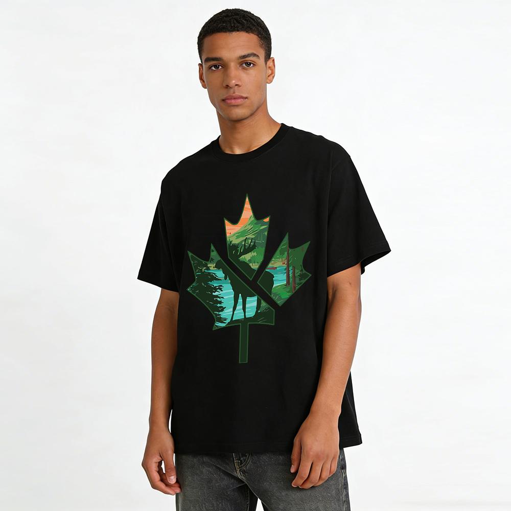 Canada Mountain Scenery Maple Leaf Silhouette Print Tee Pure cotton T-shirt