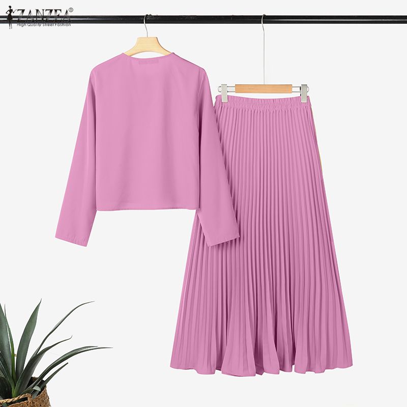 ZANZEA Women Long Sleeve Blouse and Pleated Skirts Casual Two Piece Suit Sets