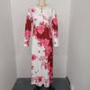 Women's Long Sleeve Round Neck Printed Pocket Long Elegant Dress