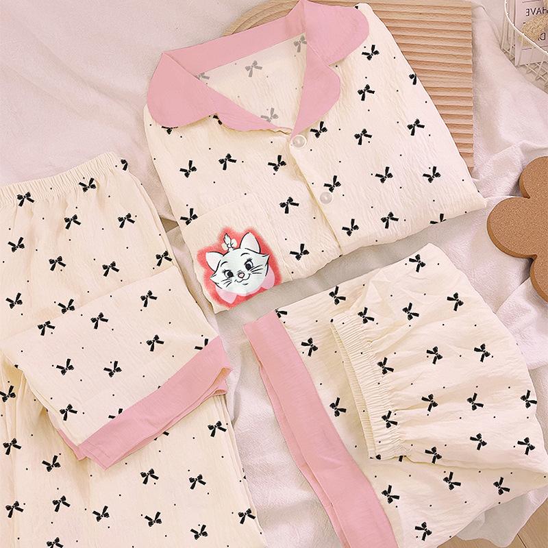 French Mary Cat Cloud Cotton Pajamas Women'S Summer Bow Short Sleeve Loungewear Three-Piece Set