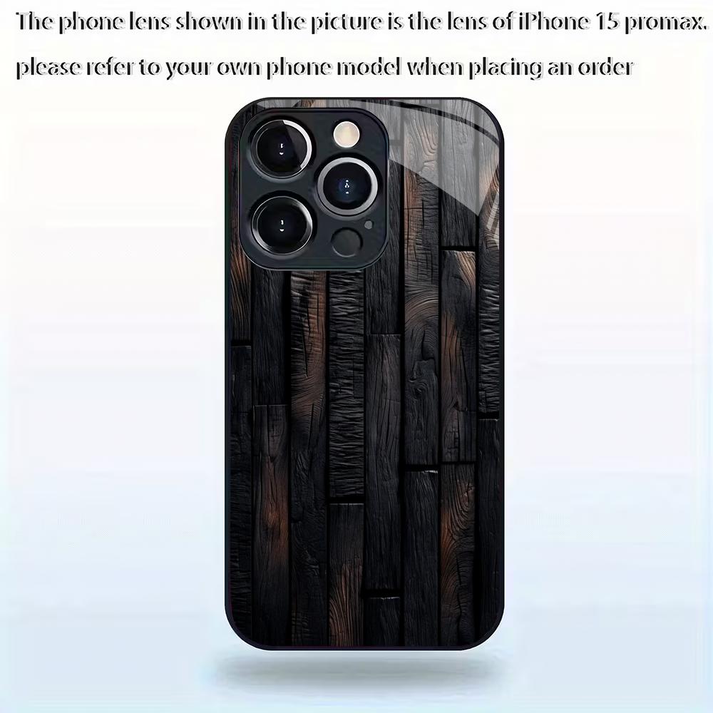 Black Charcoal Wood Grain Pattern Tempered Glass Phone Case Suitable for iPhone 17 16 15 14 13 12 11 Pro/Max/Plus Anti Drop