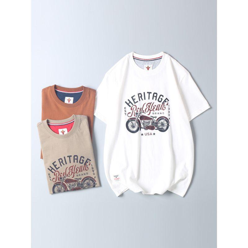 American Retro Motorcycle Print Short-Sleeve T-Shirt for Men, Export Surplus, Pure Cotton, Brushed Fabric, Round Neck, Half-Sleeve