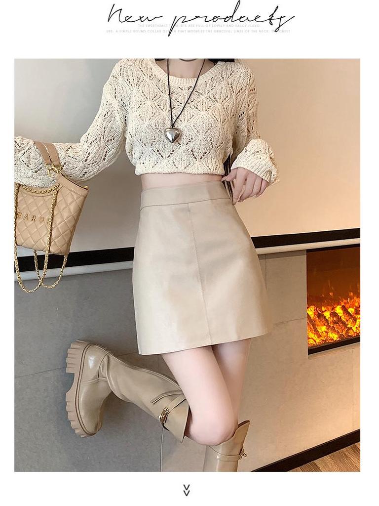 Black A-line High-waisted PU Leather Skirt: Women's Spring/Autumn Slimming Mini with Anti-exposure Design