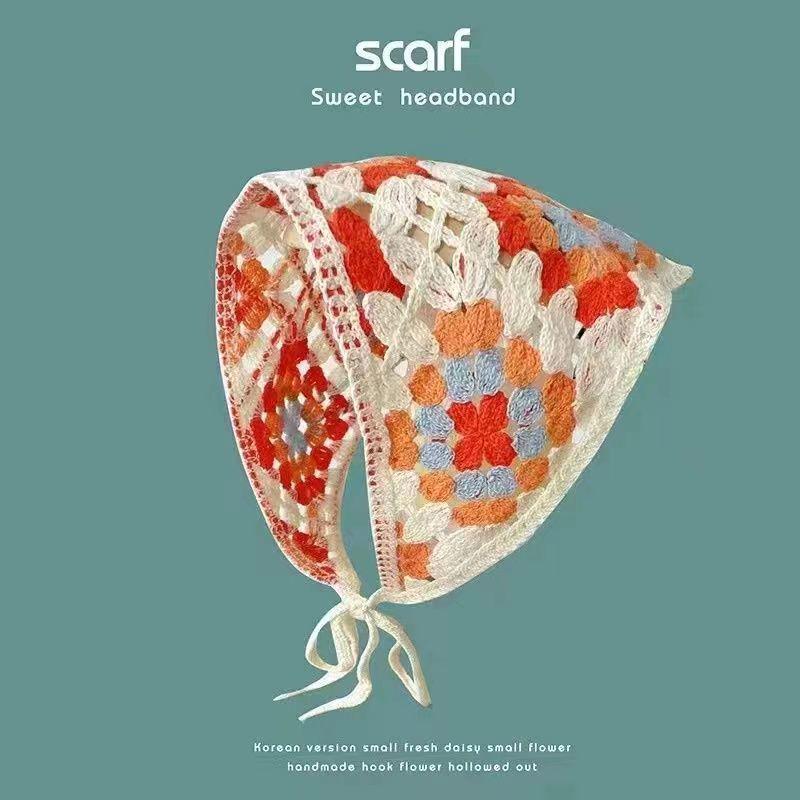 Korean Style Knitted Crochet Triangle Scarf: Women's Sweet Flower Headscarf Hat