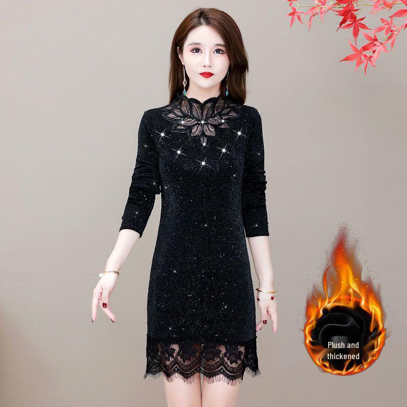 

Women s Winter Lace Slim Fit Mid-Length Dress with Velvet Inner Layer and Coat Windbreaker. M 90-100 lbs