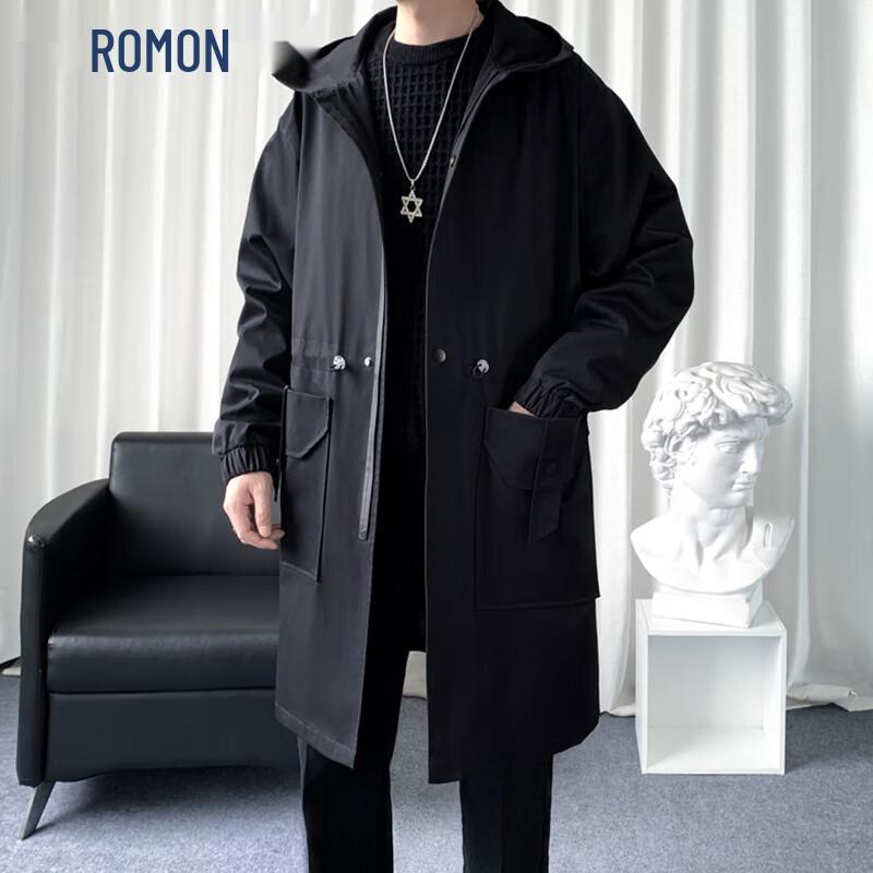 ROMON Men's Hooded Mid-Length Trench Coat