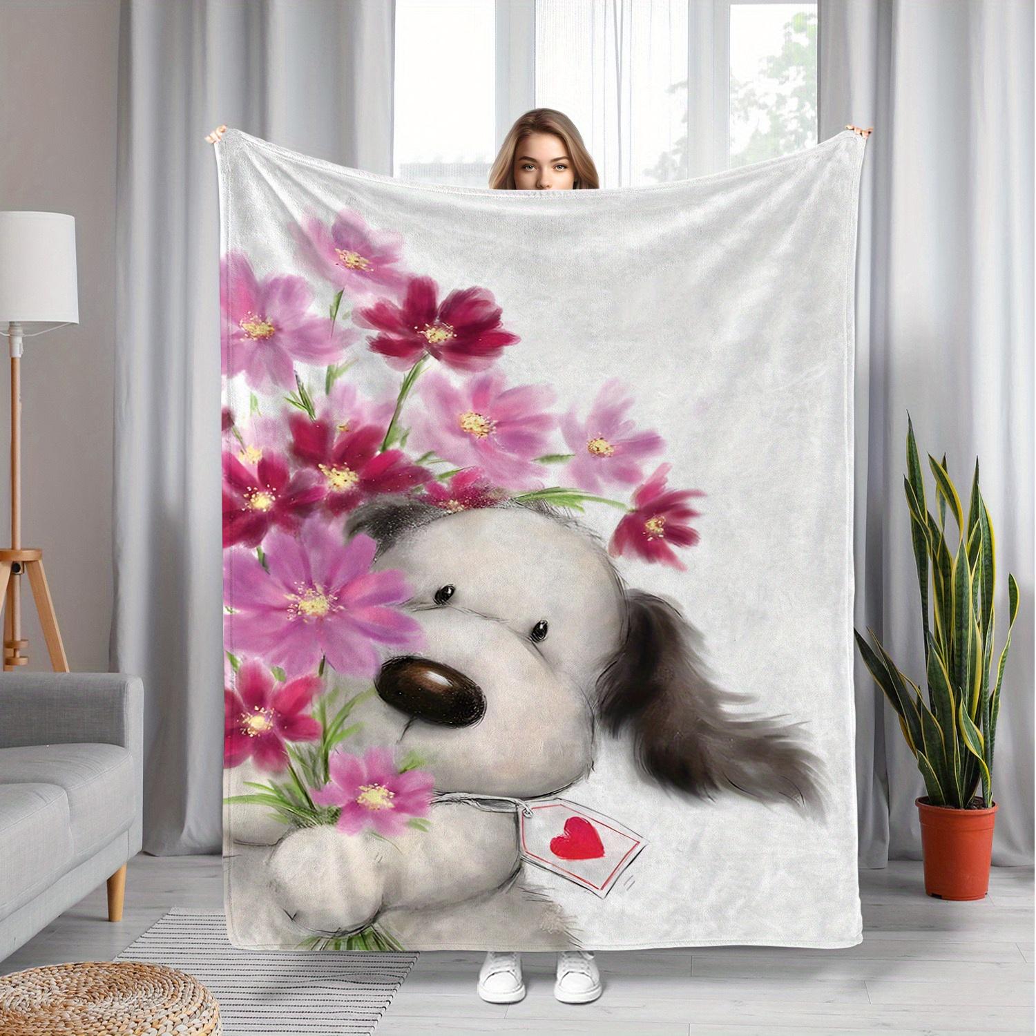 

Interesting puppy flower pattern Flannel printed blanket suitable for all seasons suitable for living room office sofa travel 75x90cm28x39in