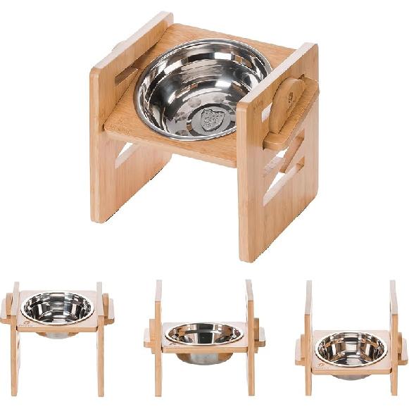 Elevated Dog Bowl, 6 Heights Adjustable Raised Dog Bowl 2.4″-6.7″, with Food Grade 304 Stainless Steel 15 OZ, Bamboo Dog Bowl Stand for Small &