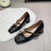 Stylish Square-toe Shallow Bow Suede Heel Vintage Metal Buckle Mid-heel Single