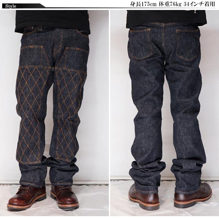 Kojima Jeans KOJIMA GENES 13oz Diamond Stitch Double Knee Straight Stretch Jeans Denim Made in One Pants, Japan, Men's, Wash, RNB-107, Indigo-38
