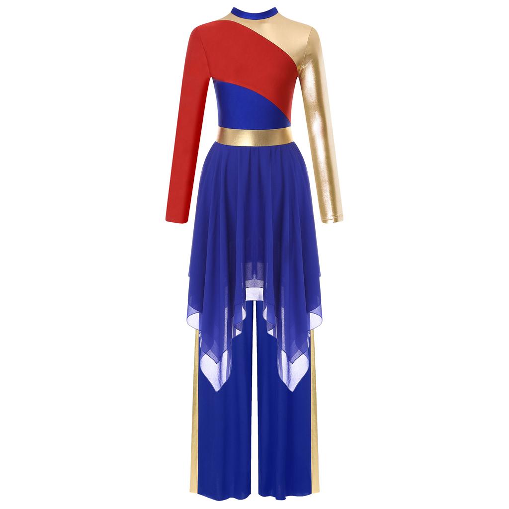 Dámský lyrický taneční outfit Dlouhý rukáv Color Block Patchworkové šaty Nepravidelný lem Kalhoty se širokými nohavicemi Vystoupení set