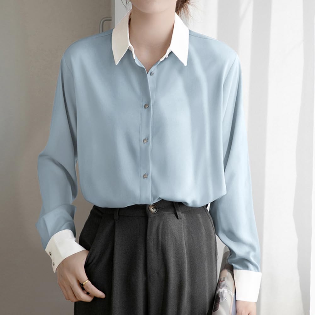 Yino Long Sleeve Collared Shirt Perfect for Spring Women's Two-Tone Blouse, Flattering, Slimming, Simple, Elegant, Casual, Commuting, Office, Formal,